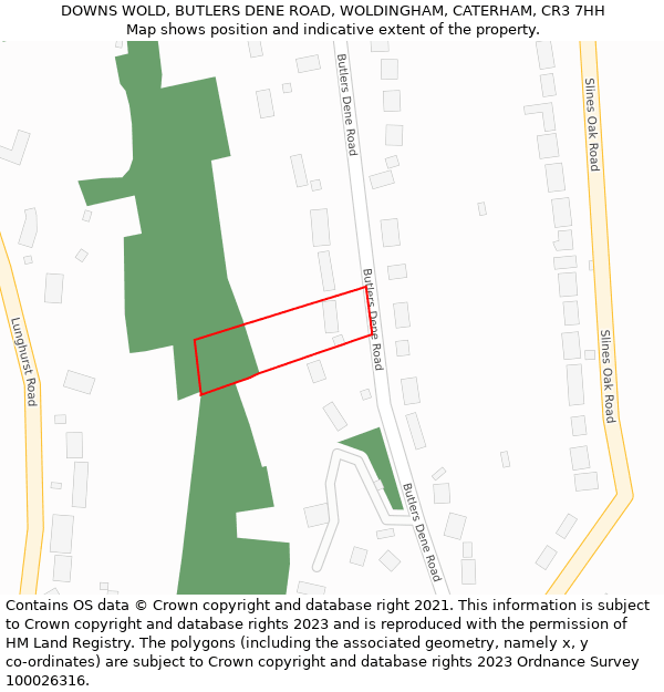 DOWNS WOLD, BUTLERS DENE ROAD, WOLDINGHAM, CATERHAM, CR3 7HH: Location map and indicative extent of plot