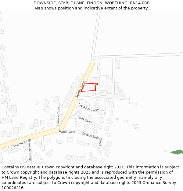 DOWNSIDE, STABLE LANE, FINDON, WORTHING, BN14 0RR: Location map and indicative extent of plot