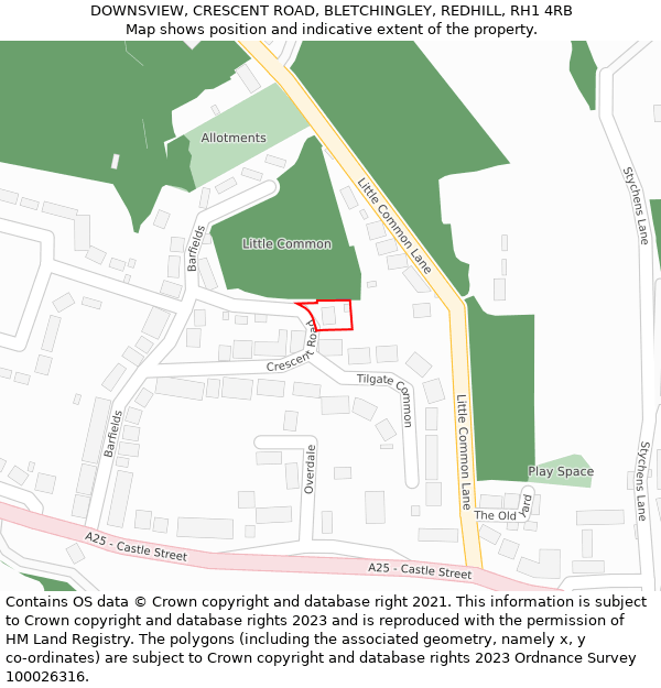 DOWNSVIEW, CRESCENT ROAD, BLETCHINGLEY, REDHILL, RH1 4RB: Location map and indicative extent of plot