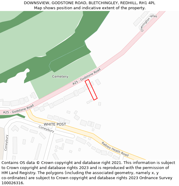DOWNSVIEW, GODSTONE ROAD, BLETCHINGLEY, REDHILL, RH1 4PL: Location map and indicative extent of plot