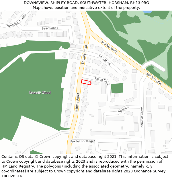 DOWNSVIEW, SHIPLEY ROAD, SOUTHWATER, HORSHAM, RH13 9BG: Location map and indicative extent of plot