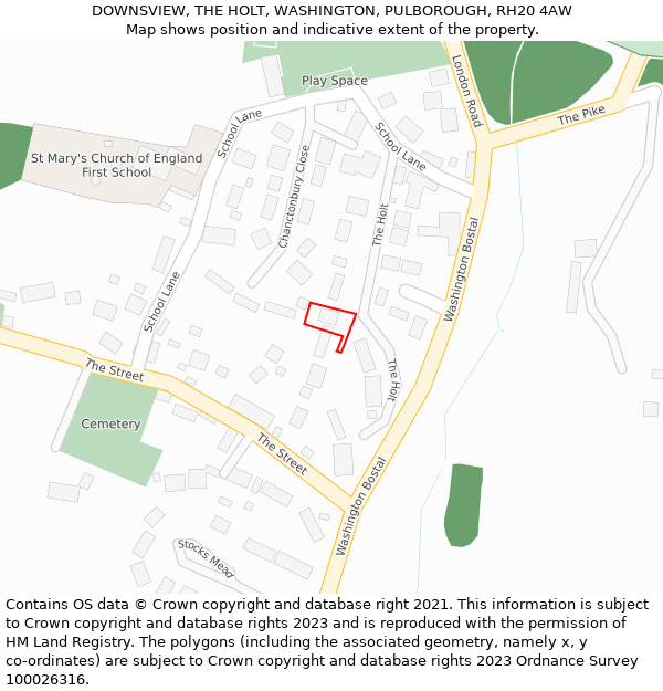 DOWNSVIEW, THE HOLT, WASHINGTON, PULBOROUGH, RH20 4AW: Location map and indicative extent of plot