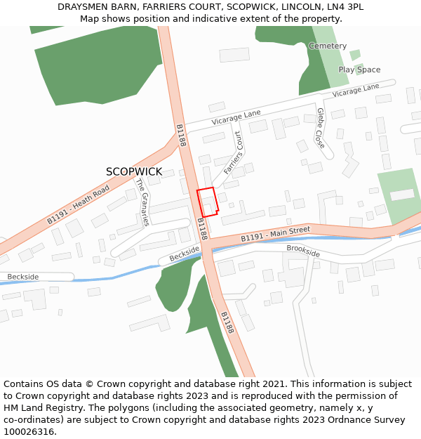 DRAYSMEN BARN, FARRIERS COURT, SCOPWICK, LINCOLN, LN4 3PL: Location map and indicative extent of plot