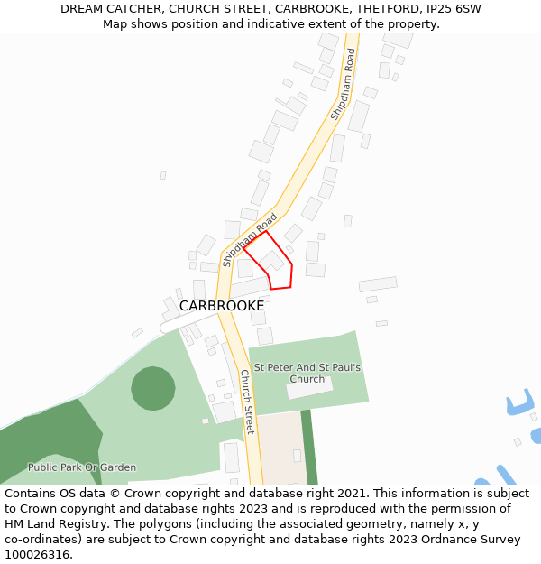 DREAM CATCHER, CHURCH STREET, CARBROOKE, THETFORD, IP25 6SW: Location map and indicative extent of plot