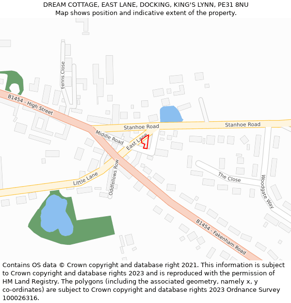 DREAM COTTAGE, EAST LANE, DOCKING, KING'S LYNN, PE31 8NU: Location map and indicative extent of plot