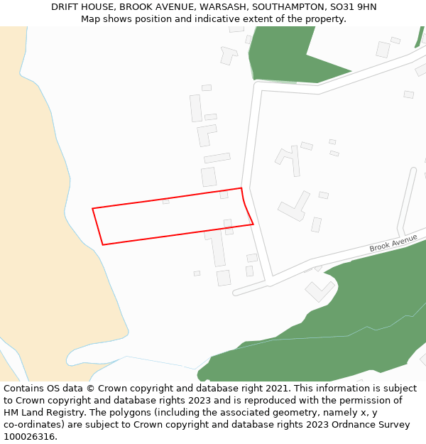 DRIFT HOUSE, BROOK AVENUE, WARSASH, SOUTHAMPTON, SO31 9HN: Location map and indicative extent of plot