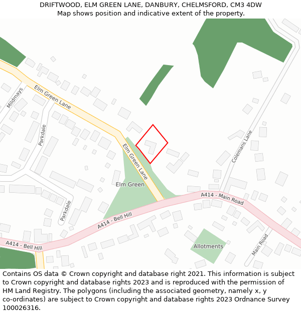 DRIFTWOOD, ELM GREEN LANE, DANBURY, CHELMSFORD, CM3 4DW: Location map and indicative extent of plot