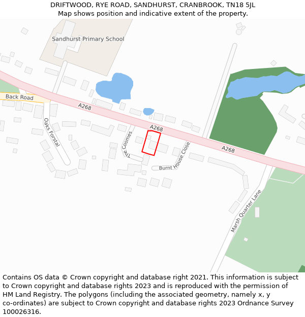 DRIFTWOOD, RYE ROAD, SANDHURST, CRANBROOK, TN18 5JL: Location map and indicative extent of plot