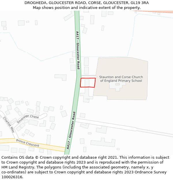 DROGHEDA, GLOUCESTER ROAD, CORSE, GLOUCESTER, GL19 3RA: Location map and indicative extent of plot