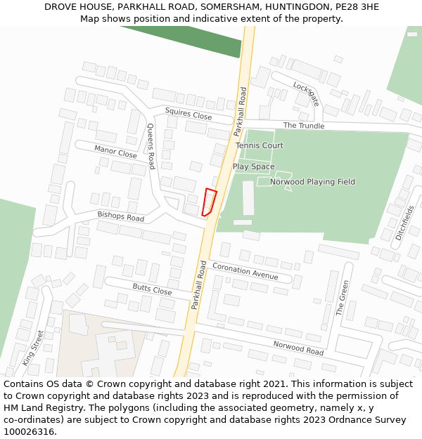 DROVE HOUSE, PARKHALL ROAD, SOMERSHAM, HUNTINGDON, PE28 3HE: Location map and indicative extent of plot