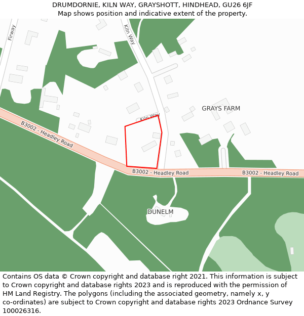 DRUMDORNIE, KILN WAY, GRAYSHOTT, HINDHEAD, GU26 6JF: Location map and indicative extent of plot
