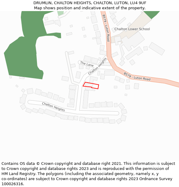 DRUMLIN, CHALTON HEIGHTS, CHALTON, LUTON, LU4 9UF: Location map and indicative extent of plot