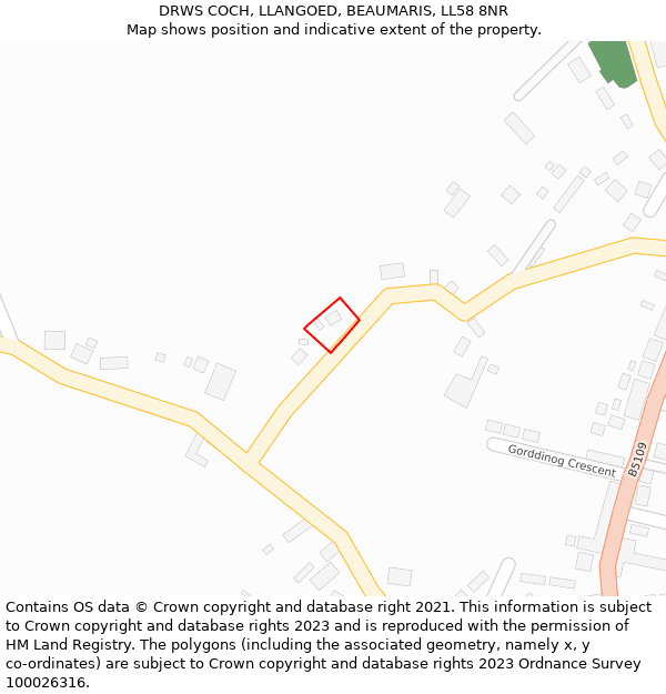 DRWS COCH, LLANGOED, BEAUMARIS, LL58 8NR: Location map and indicative extent of plot