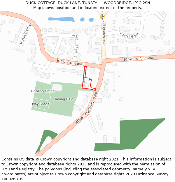 DUCK COTTAGE, DUCK LANE, TUNSTALL, WOODBRIDGE, IP12 2SN: Location map and indicative extent of plot