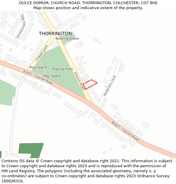 DULCE DOMUM, CHURCH ROAD, THORRINGTON, COLCHESTER, CO7 8HE: Location map and indicative extent of plot