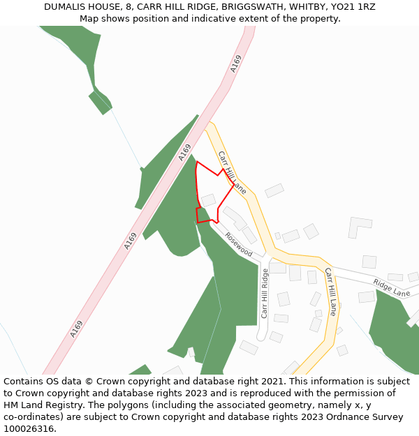 DUMALIS HOUSE, 8, CARR HILL RIDGE, BRIGGSWATH, WHITBY, YO21 1RZ: Location map and indicative extent of plot