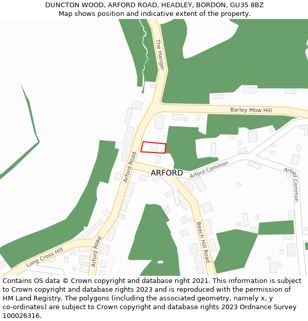 DUNCTON WOOD, ARFORD ROAD, HEADLEY, BORDON, GU35 8BZ: Location map and indicative extent of plot