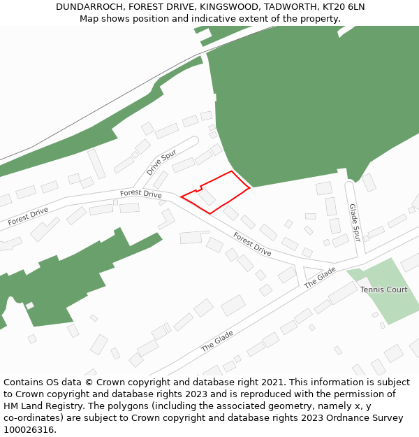 DUNDARROCH, FOREST DRIVE, KINGSWOOD, TADWORTH, KT20 6LN: Location map and indicative extent of plot