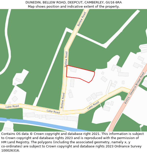DUNEDIN, BELLEW ROAD, DEEPCUT, CAMBERLEY, GU16 6RA: Location map and indicative extent of plot
