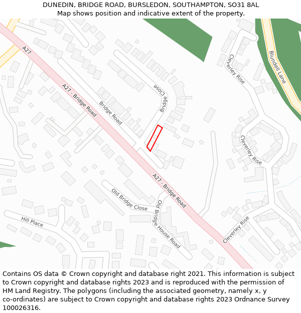 DUNEDIN, BRIDGE ROAD, BURSLEDON, SOUTHAMPTON, SO31 8AL: Location map and indicative extent of plot