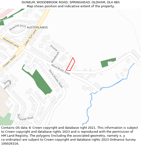 DUNELM, WOODBROOK ROAD, SPRINGHEAD, OLDHAM, OL4 4BS: Location map and indicative extent of plot