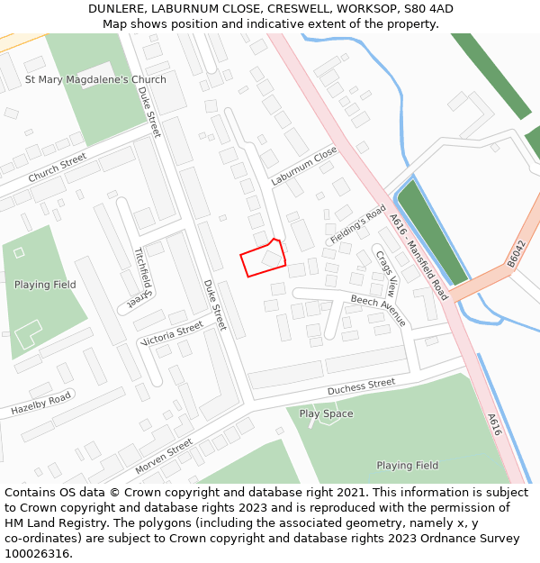 DUNLERE, LABURNUM CLOSE, CRESWELL, WORKSOP, S80 4AD: Location map and indicative extent of plot