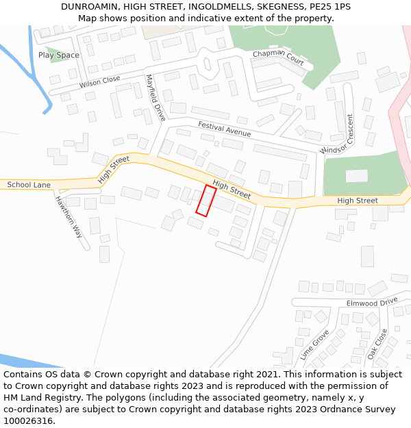 DUNROAMIN, HIGH STREET, INGOLDMELLS, SKEGNESS, PE25 1PS: Location map and indicative extent of plot