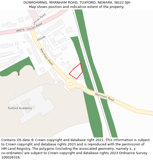 DUNROAMING, MARNHAM ROAD, TUXFORD, NEWARK, NG22 0JH: Location map and indicative extent of plot