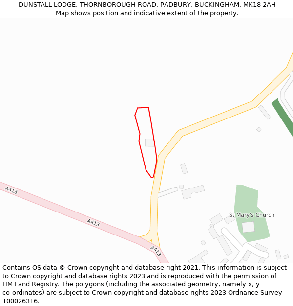 DUNSTALL LODGE, THORNBOROUGH ROAD, PADBURY, BUCKINGHAM, MK18 2AH: Location map and indicative extent of plot