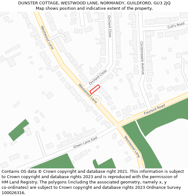 DUNSTER COTTAGE, WESTWOOD LANE, NORMANDY, GUILDFORD, GU3 2JQ: Location map and indicative extent of plot