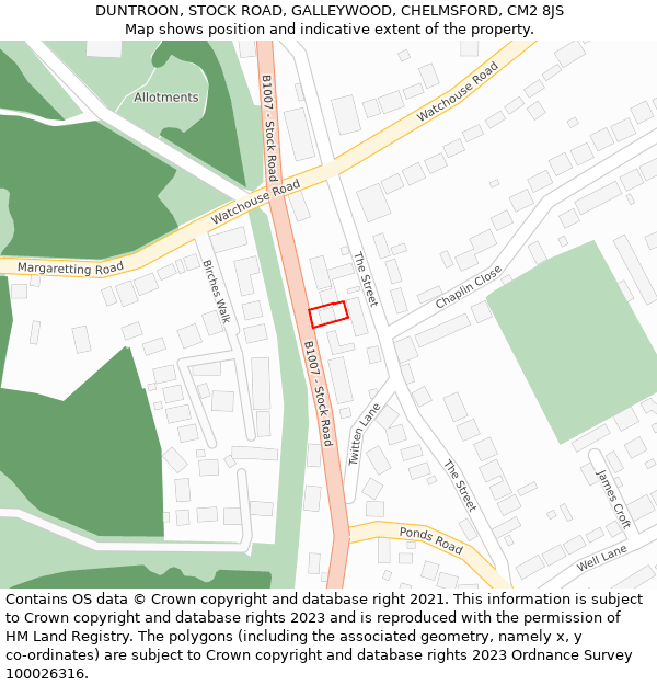 DUNTROON, STOCK ROAD, GALLEYWOOD, CHELMSFORD, CM2 8JS: Location map and indicative extent of plot