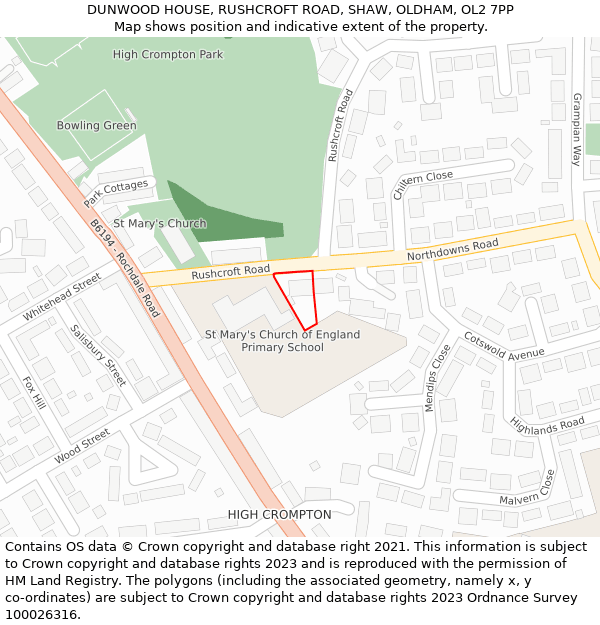 DUNWOOD HOUSE, RUSHCROFT ROAD, SHAW, OLDHAM, OL2 7PP: Location map and indicative extent of plot