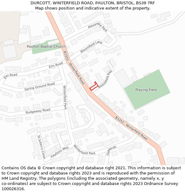 DURCOTT, WINTERFIELD ROAD, PAULTON, BRISTOL, BS39 7RF: Location map and indicative extent of plot