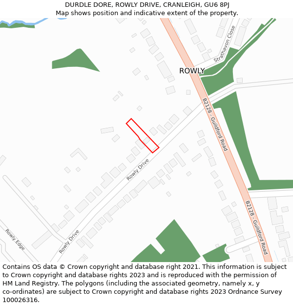 DURDLE DORE, ROWLY DRIVE, CRANLEIGH, GU6 8PJ: Location map and indicative extent of plot