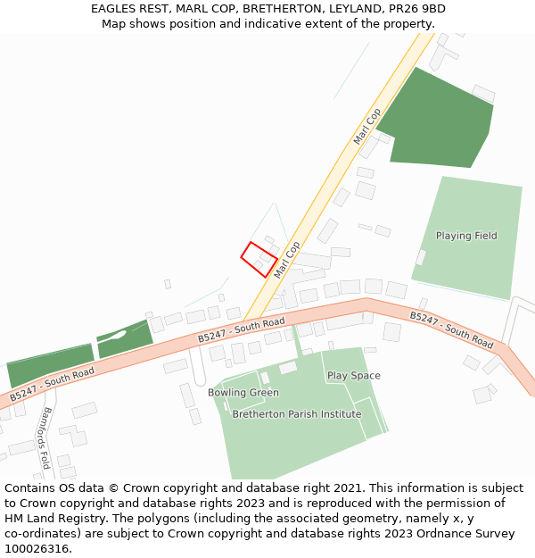 EAGLES REST, MARL COP, BRETHERTON, LEYLAND, PR26 9BD: Location map and indicative extent of plot