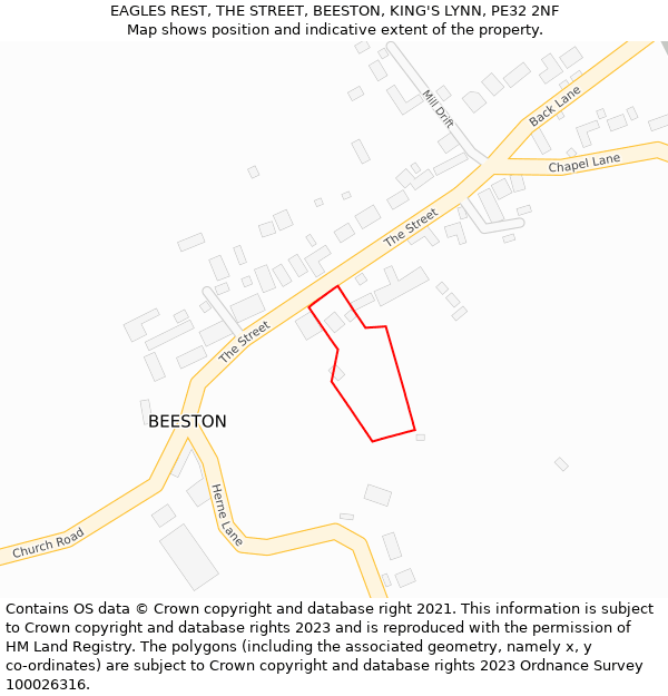 EAGLES REST, THE STREET, BEESTON, KING'S LYNN, PE32 2NF: Location map and indicative extent of plot