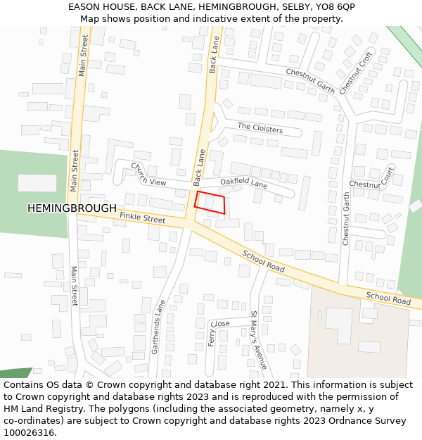 EASON HOUSE, BACK LANE, HEMINGBROUGH, SELBY, YO8 6QP: Location map and indicative extent of plot