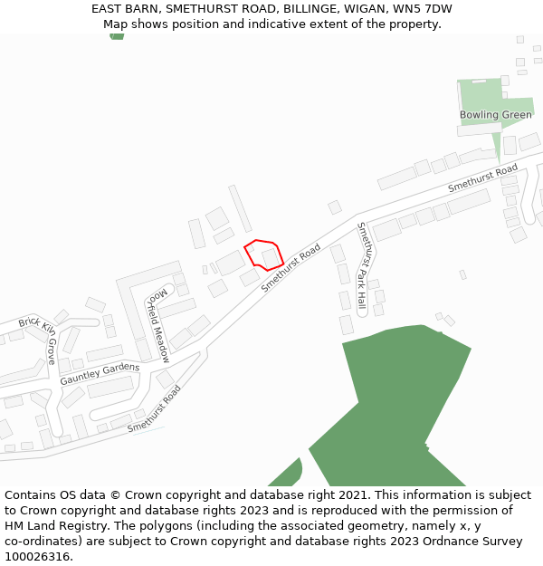 EAST BARN, SMETHURST ROAD, BILLINGE, WIGAN, WN5 7DW: Location map and indicative extent of plot
