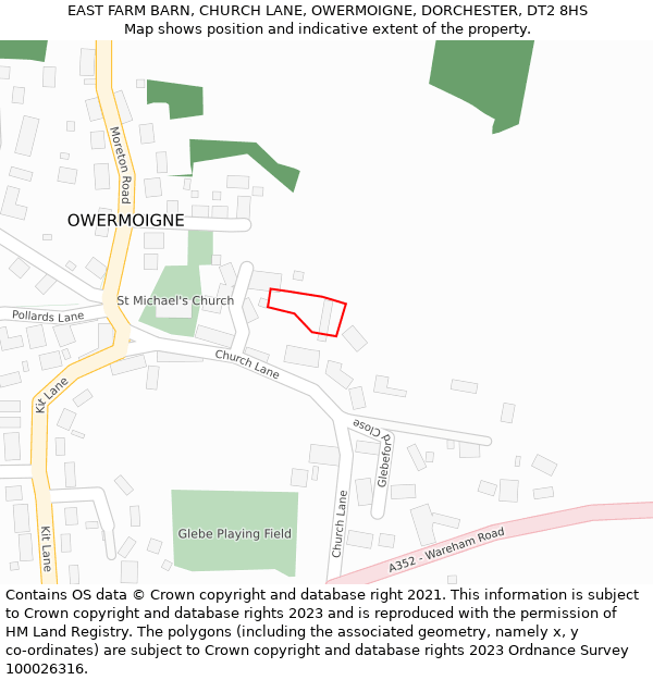 EAST FARM BARN, CHURCH LANE, OWERMOIGNE, DORCHESTER, DT2 8HS: Location map and indicative extent of plot