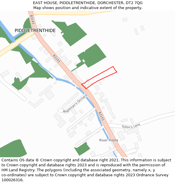 EAST HOUSE, PIDDLETRENTHIDE, DORCHESTER, DT2 7QG: Location map and indicative extent of plot
