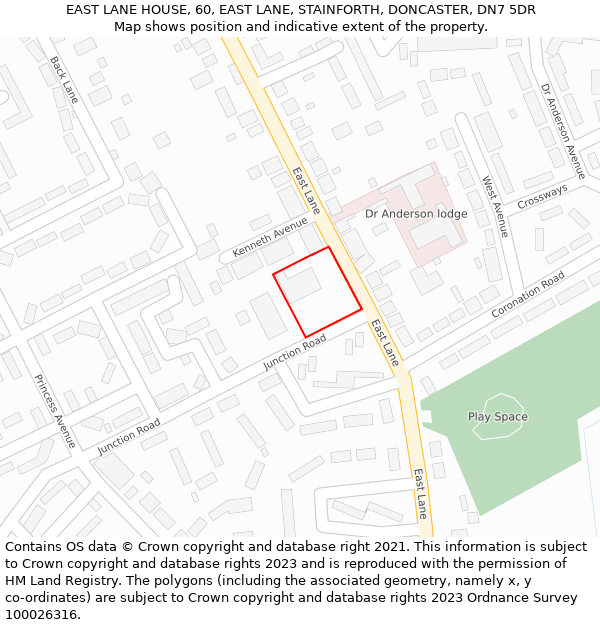 EAST LANE HOUSE, 60, EAST LANE, STAINFORTH, DONCASTER, DN7 5DR: Location map and indicative extent of plot
