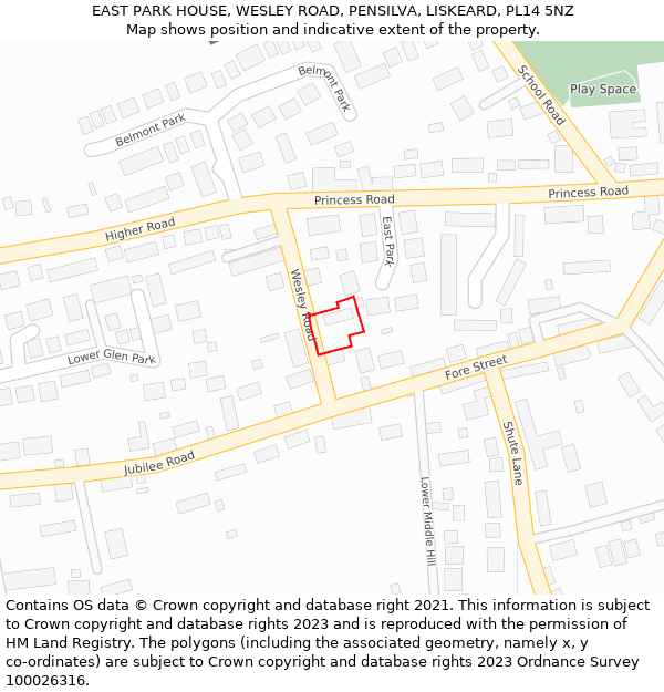 EAST PARK HOUSE, WESLEY ROAD, PENSILVA, LISKEARD, PL14 5NZ: Location map and indicative extent of plot