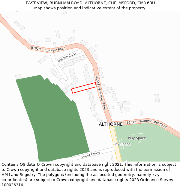 EAST VIEW, BURNHAM ROAD, ALTHORNE, CHELMSFORD, CM3 6BU: Location map and indicative extent of plot