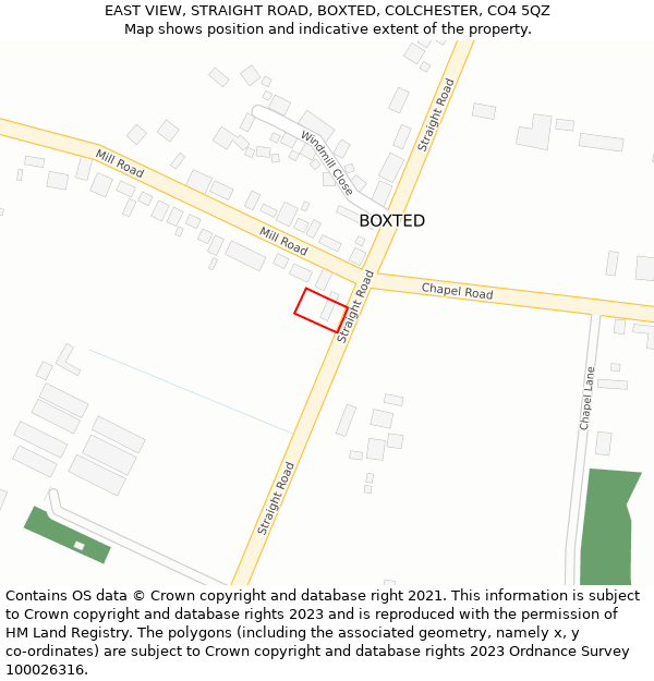 EAST VIEW, STRAIGHT ROAD, BOXTED, COLCHESTER, CO4 5QZ: Location map and indicative extent of plot