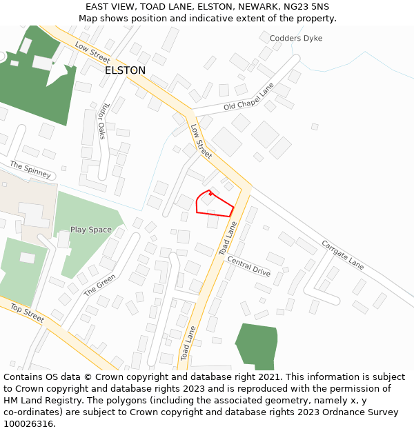 EAST VIEW, TOAD LANE, ELSTON, NEWARK, NG23 5NS: Location map and indicative extent of plot