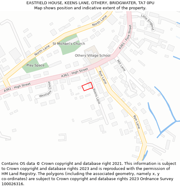 EASTFIELD HOUSE, KEENS LANE, OTHERY, BRIDGWATER, TA7 0PU: Location map and indicative extent of plot