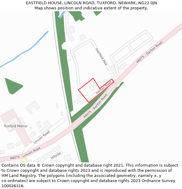 EASTFIELD HOUSE, LINCOLN ROAD, TUXFORD, NEWARK, NG22 0JN: Location map and indicative extent of plot