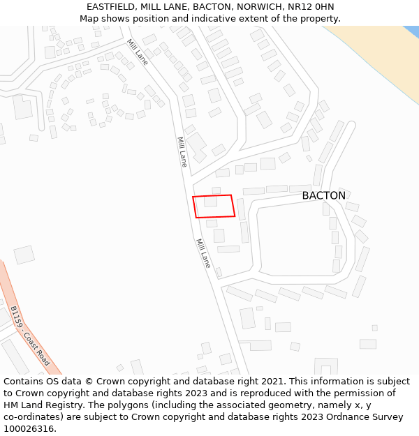 EASTFIELD, MILL LANE, BACTON, NORWICH, NR12 0HN: Location map and indicative extent of plot