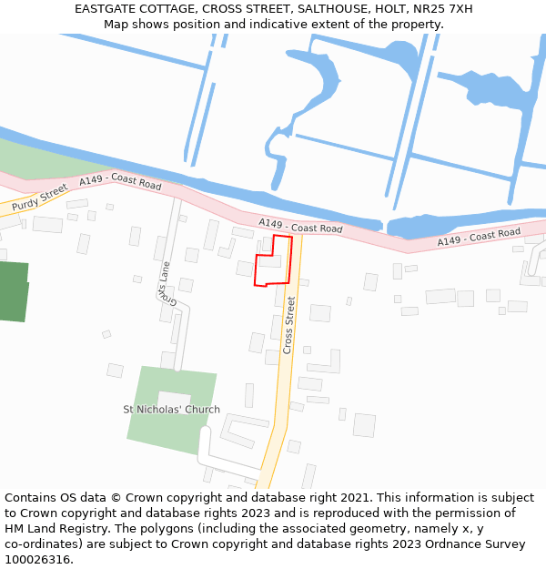 EASTGATE COTTAGE, CROSS STREET, SALTHOUSE, HOLT, NR25 7XH: Location map and indicative extent of plot