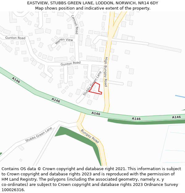 EASTVIEW, STUBBS GREEN LANE, LODDON, NORWICH, NR14 6DY: Location map and indicative extent of plot